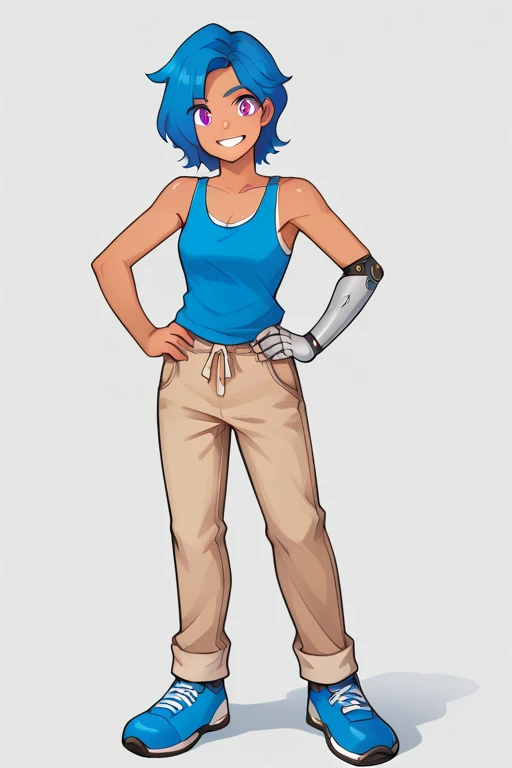 Anime, score_9, score_8_up, score_7_up,BREAK, 1girl, Tari, Blue tanktop, tan pants, Mechanical Arm, Blue Hair, Purple Eyes, smile, hands on hips, blue shoes, 