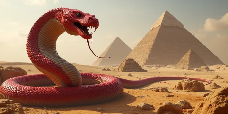 Big realistic red snake around Egypt pyramids 