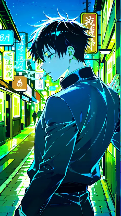 Man,alone,Satoru Gojo,jujutsu kaisen,Create a digital art style pop art, street fashion, create digital art work in cinematic colors, vibrant brush strokes, emotions must be dynamic, upper body part, smoking, shape, tropical, Japanese town, night,best qual...