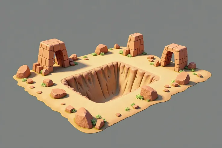 Renderização 3D, game dev referência 3D apresentada em fundo branco fosco como set 3D, Create a scene mostragem completa with a diameter of 200 meters, full view, some small rocks around it, and then, closer to the center, add small stones of various shape...