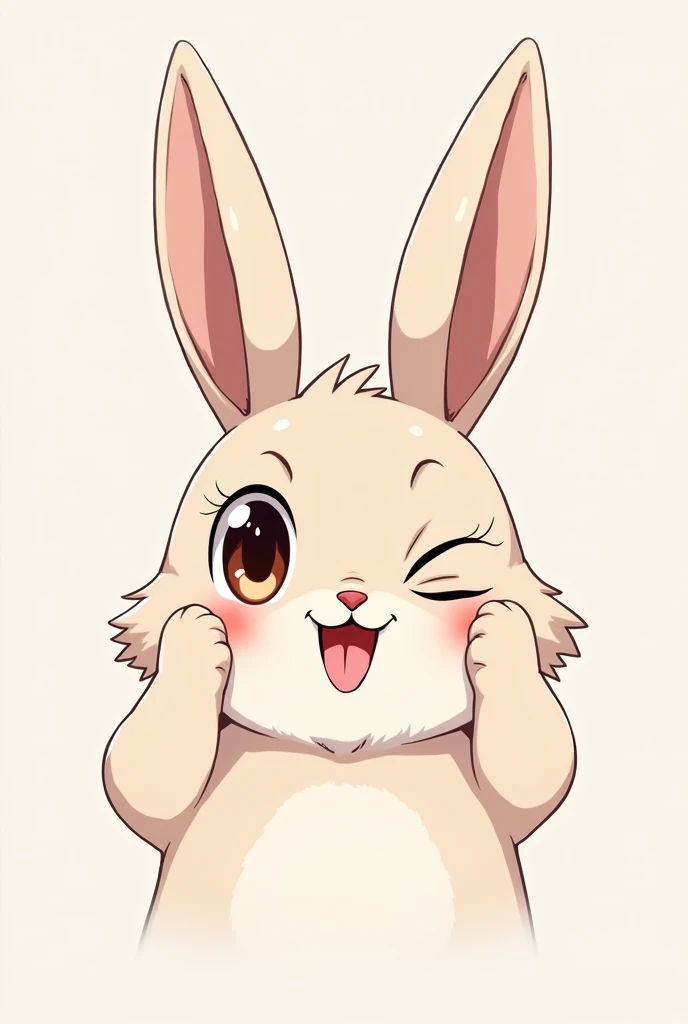 Generate an anime rabbit that is looking in front. Generate just the head of his. He needs to have his tongue out and his finger stretching his skin from underneath his eye