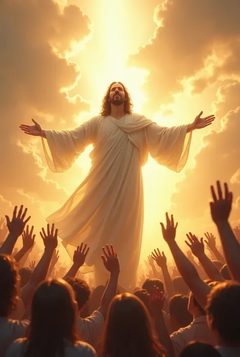  Glorified Christ ,  dressed in a bright white cloak ,  with open arms in a gesture of victory ,  surrounded by a heavenly crowd singing praises, sky filled with light and golden clouds ."
