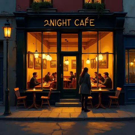 A warm, inviting, and atmospheric exterior view of a "Night Café" at night.  Hyperrealistic impressionistic style.  Corner storefront,  dark, muted colors set against warm, golden hues within the café.  Large windows show a cozy interior with multiple tabl...