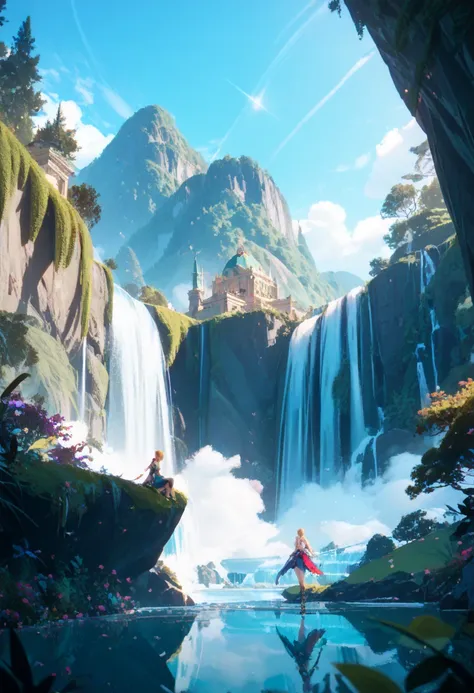 zora kingdom, waterfalls, zelda botw, landscape, 4k, masterpeiece quality, best quality possible