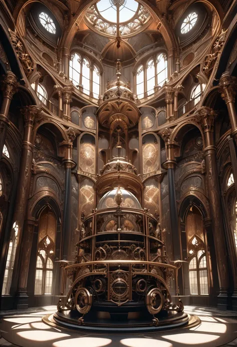 (copper plated) Gothic, Romanesque, Baroque, Renaissance, Rococo, Art Nouveau, Northern Renaissance style, decoration with design that combines steampunk, dieselpunk and clockpunk, most luxurious, gorgeous, mysterious and dark mansion, professional and per...