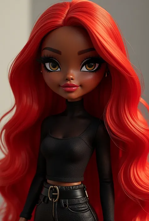 Give me an image of a dark-skinned bratz with long red hair