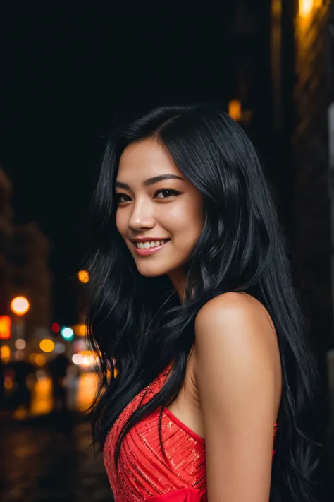 arafed woman with long black hair standing on the street (fountain:1.3) flowing black hair, with black hair, photo of a beautiful woman, long flowing black hair, pink golden hour, curly black hair, beautiful young asian woman, beautiful asian woman, wild g...