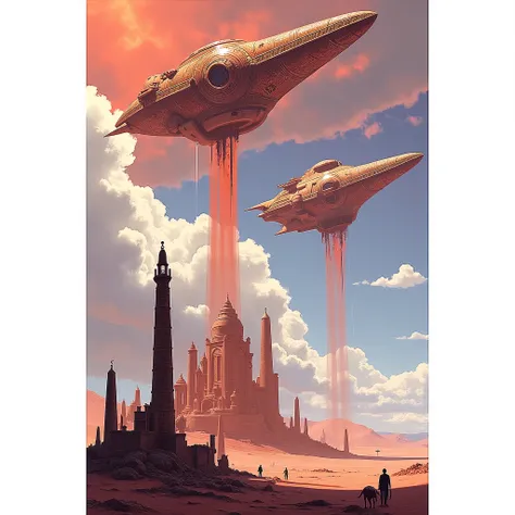 Egyptian Alien Ships in sky, carte dixit, dans un paysage de ruine en sable
