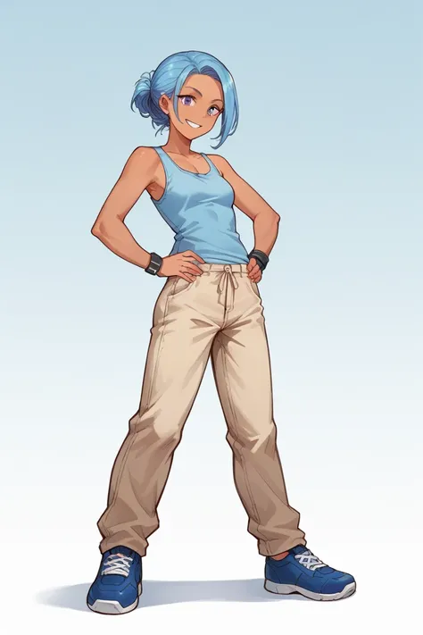 Anime, score_9, score_8_up, score_7_up,BREAK, 1girl, Tari, Blue tanktop, tan pants, Mechanical Arm, Blue Hair, Purple Eyes, smile, hands on hips, blue shoes, 