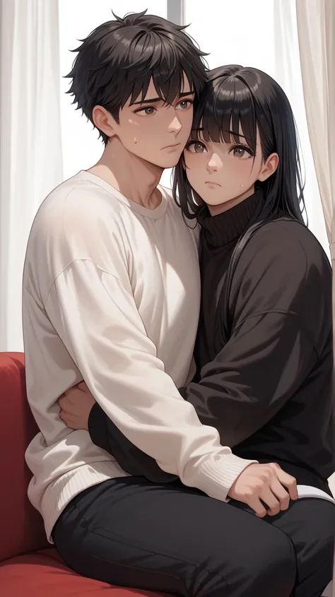 Man, cute, 8k, detailed, anime, long black hair, bangs, pale, white pasty skin, brown shiny eyes, white oversized sweater, black sweatpants, sitting in the dark, light coming in through curtains, sad, withdrawn, hiding in the dark.

Partner hugs him, cuddl...