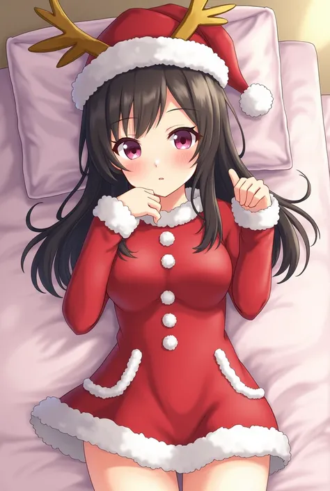 anime girl in a christmas outfit laying on a bed with a reindeer hat, an anime drawing by Shitao, pixiv, serial art, anime moe artstyle, anime visual of a cute girl, cute anime girl, , ilya kuvshinov. 4 k, guweiz, trending on cgstation, rin tohsaka