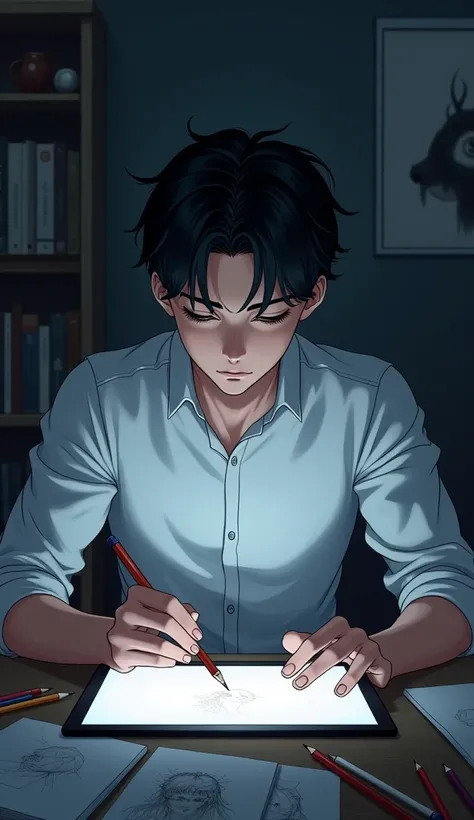 An anime guy with black hair wearing a white shirt in a dark studio with A drawing tablet and some sketchbooks on the table.