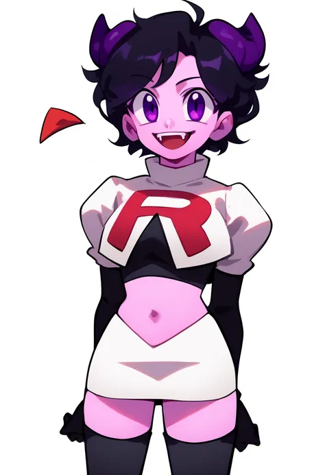 jellybean_yt, solo, looking at viewer, smile, short hair, open mouth, black hair, 1girl, white background, purple eyes, female focus, horns, teeth, colored skin, fangs, team rocket,team rocket uniform,white skirt,red letter R,crop top,black thigh-highs,bla...