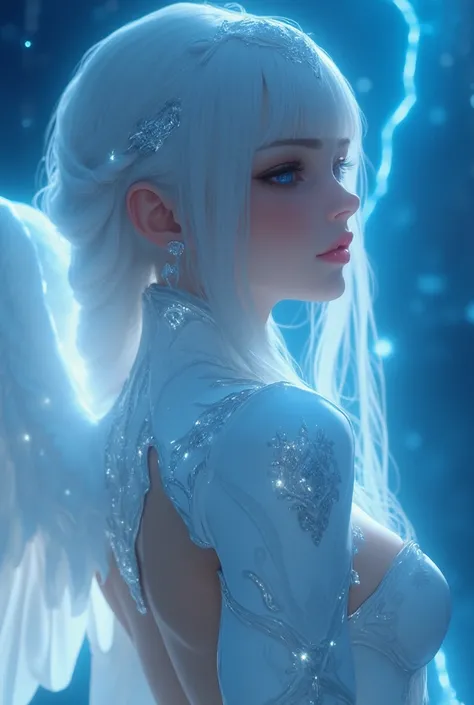   Image of a fantasy scene in the middle of the ocean on a night of intense lightning storm in the scene there is a beautiful woman with big angel wings unreal and majestic beauty with long platinum white hair with braids and bangs the perfect pale skin of...