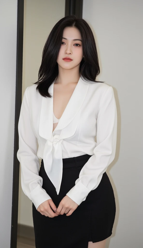 Japanese woman wearing white clean shirt. Having big round chest chest. Showing her cleavage. Wearing an Black Skirt. Standing and looking at the viewer