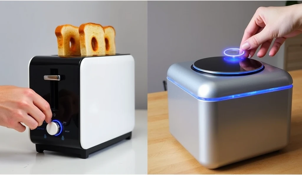 Image is a split layout featuring two distinct kitchen gadgets. On the left, a compact, vertical toaster with a sleek black and white design is shown. It holds three slices of bread, one of which has a circular hole in the center, indicating a unique toast...