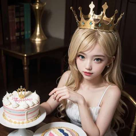 Long and blonde hair,  green eyes, pretty girl, hair accessory a small princess crown,  Birthday cake 