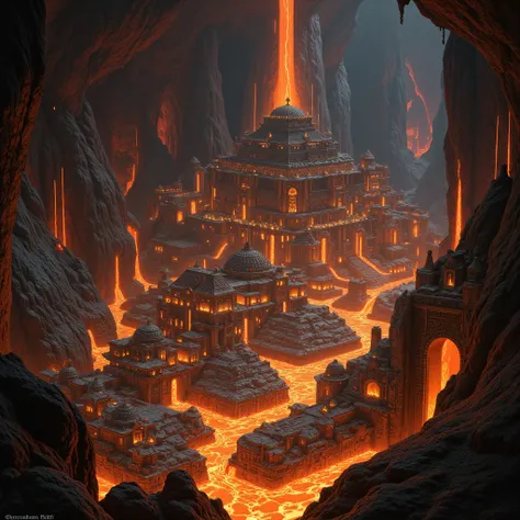 A closed giant room in a cave with a dwarven made city with lots of stone buildings, lava streams in aqueducts,