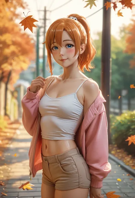 score_9, score_8_up, score_7_up, score_6_up,Shiny skin,kousaka honoka, blue eyes, orange hair, volumetric lighting, beautiful , Blushing, small breasts, looking at viewer, white camisole, light brown shorts,pink jacket, casual clothes,solo, seductive smile...