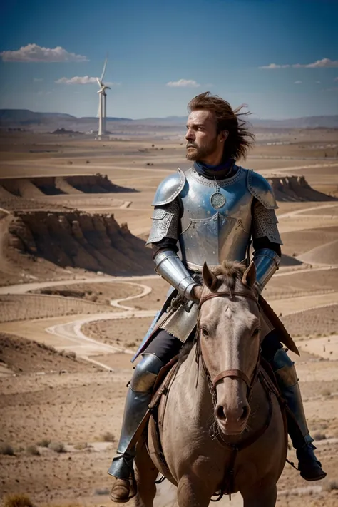 A knight in shining armor, Don Quixote, riding his horse, Rocinante, charging towards a field of towering wind turbines, set against a desolate, arid landscape under a vibrant blue sky, (best quality,8k,highres,masterpiece:1.2),ultra-detailed,photorealisti...