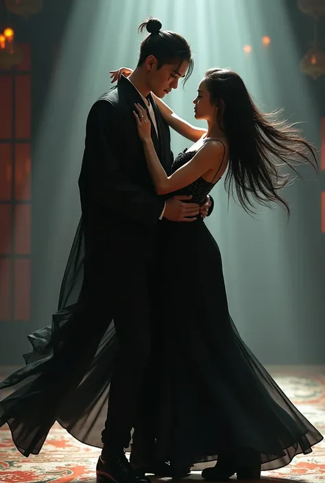 toji fushiguro( a Zenin hunter from Jujutsu Kaisen),  dancing with a  girl , she is wearing a long and tight black dress,black hair and brown skin color 