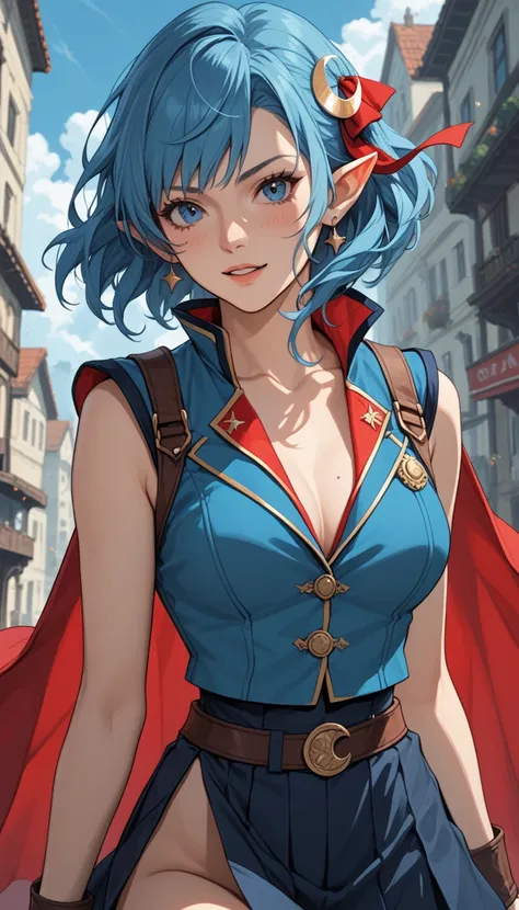 Score_9, score_8_up, score_7_up, anime, rating_questionable, rating safe, rena lanford, 1woman, slutty expression, blue hair, short hair, blue eyes, pointy ears, crescent hair ornament, red cape, blue vest, (nude chest under vest:1.37), (leather armor), re...