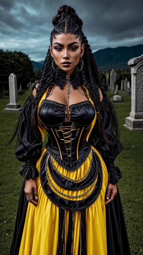 A Mongolian Latin American biracial woman with tall body and feminine curves. The woman has a long braided hairstyle with shaved sides on her head ((Undercut)). The woman is wearing a Gothic corset dress. The color of her clothing is black with yellow acce...