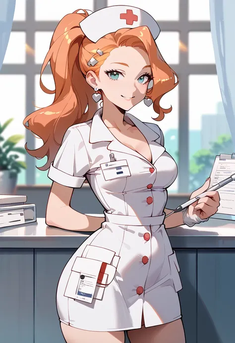 masterpiece, high definition , top quality,8k
(Sonya,orange Hair, blue Eyes )
(Nurse uniform)
smile