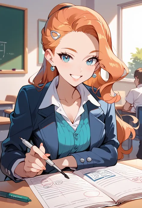 masterpiece, high definition , top quality,8k
(Sonya,orange Hair, blue Eyes )
(Teacher Costume)
smile