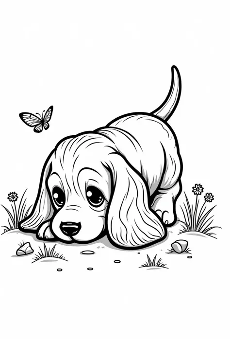 "A Basset Hound puppy with long, floppy ears sniffing the ground, illustrated in black-and-white line art. The puppy’s fur features intricate patterns to capture the texture of its coat, with its large, expressive eyes and a wrinkled forehead adding charac...