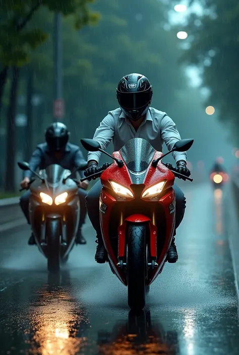 a handsome young sport bike rider who wears white shirt on a sport bike.  his friend behind him. they wear full face helmets environment is dark and rainy. 