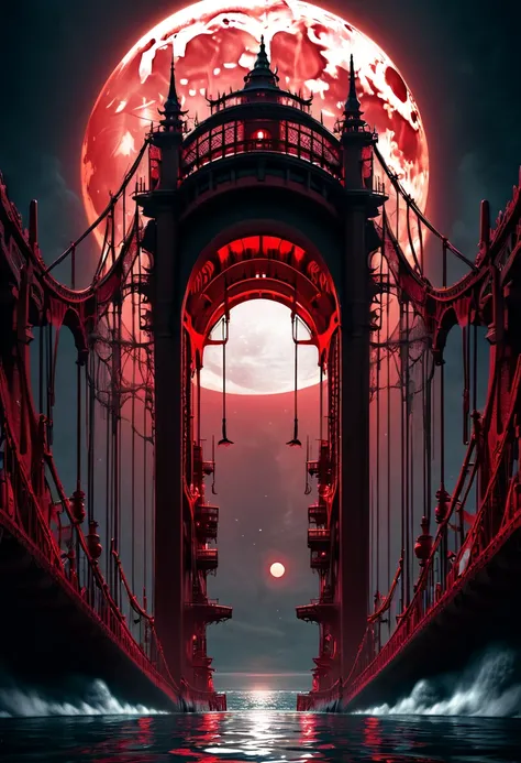 dark crimson image work, an old suspension bridge stretching out from a huge red full moon to the bottom of the sea, ominous horror fantasy art, professional and perfect composition, extremely delicate depiction, extremely clear image, various effects, bol...