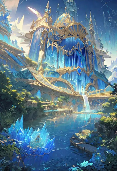 zora domain from zelda breath of the wild, blue stairs, blue crystal palace, blue palace, water palace, waterfalls, zelda botw, beautiful landscape, 4k, masterpeiece quality, best quality possible