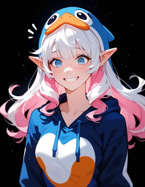 girl,Pointed ears,Multi-colored hair, white hair,, a little pink hair, some strands, Penguin Mascot Costume, Panguin Hoodie ,Threatened Hair , Medium Chest ,,Long hair,afraid,smile,Black background 