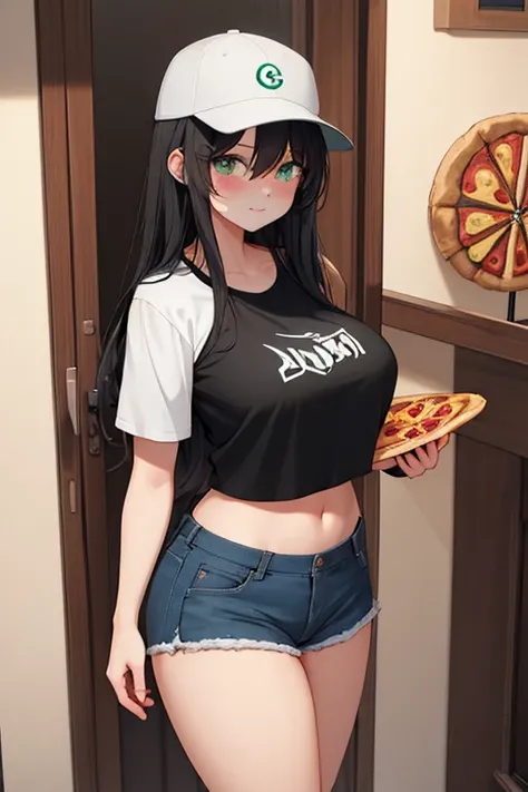 woman, long black hair, shes wearing a cap ,  green eyes, cute face,  blushed face, shame.  Black shirt with a pizza design .  large and large breasts .  sexy body.  wearing short denim shorts,  bulky thighs,  long white socks , black tennis.  Shes standin...