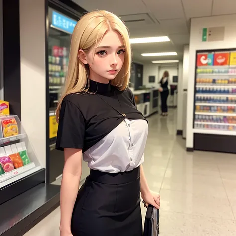 masterpiece, best quality, upper body, woman, pureerosface_v1, blonde hair, office lady, wearing skirt, standing, in front of convenience store, 