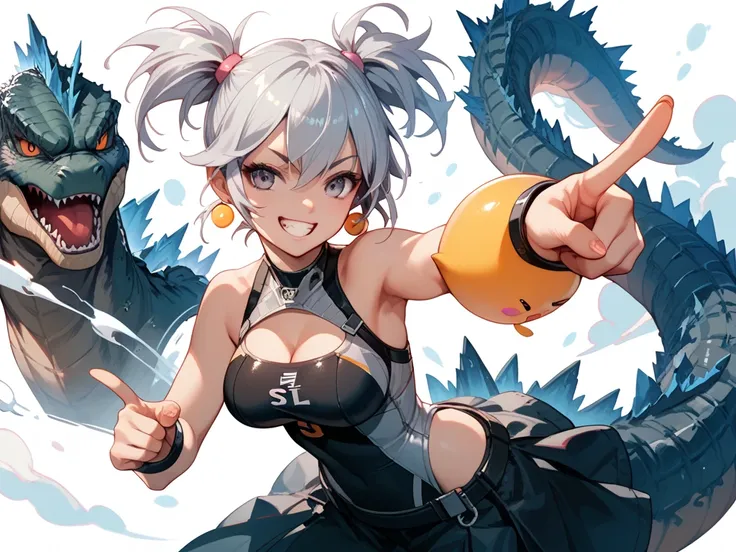 chica estilo anime,  silver hair with 2 pigtails, Breasts 34C, With Godzillas tail, pointing with his finger . white background