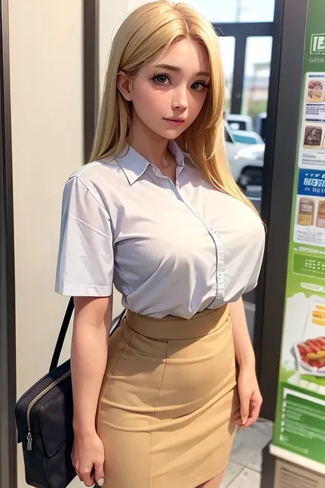 masterpiece, best quality, upper body, woman, pureerosface_v1, blonde hair, office lady, wearing skirt, standing, in front of convenience store, 