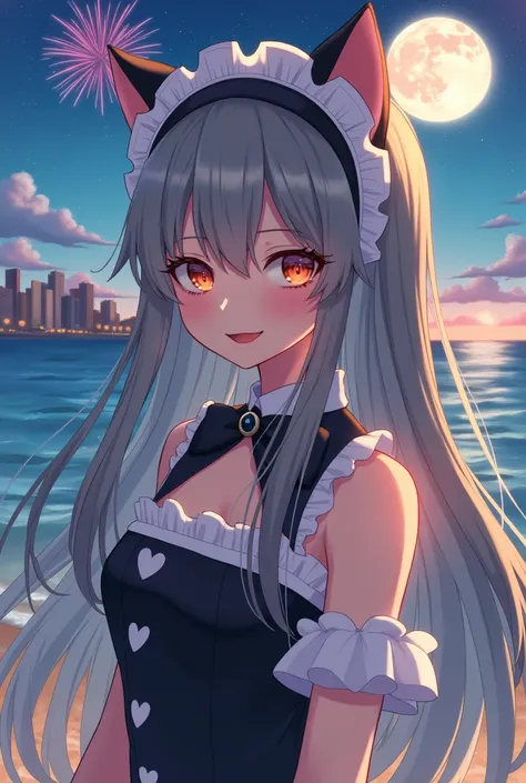 1girl,little_girl,loli,maid,cat_girl,,glamor,grey gradient hair,eyeshadow,long_eyelashes,cat ears,orange eyes,diamond-shaped_pupils,pointed nose,lipstick,black_nails,bare shoulders,collarbonea,huge breasts,smile,Cinematic Lighting,oil_painting,cityscape,in...