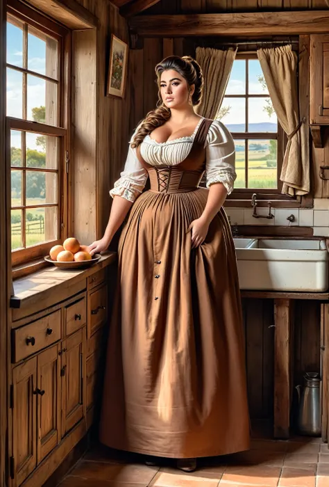  Full body shot  of Anastasia Kvitko as a plump voluptuous buxom pretty 1880 western frontier farmwife widow standing in front of a window in her kitchen, updo hairstyle , brown hair, coloured drawing, style reminiscent of Paolo Eleuteri Serpieri