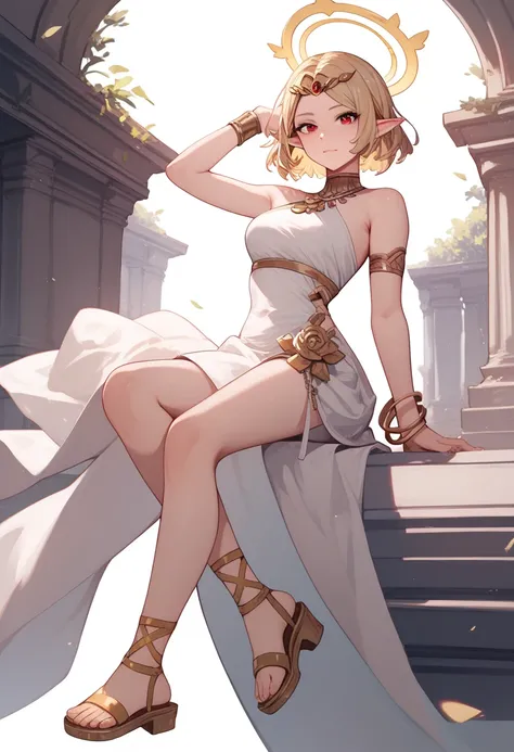 Woman, fair skin, Short light blonde hair (Wavy), red eyes, halo behind the head emitting light, white Greek clothes, golden sandals,Golden tiara on the forehead,golden bracelets,Pointy ears sticking out of the hair ,,Anime style, 4k