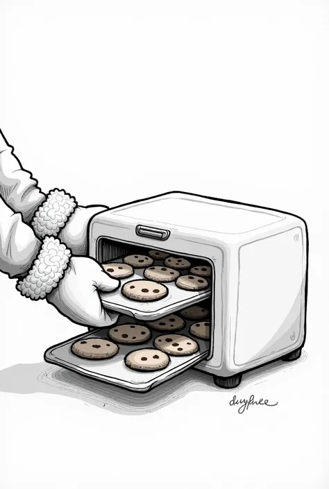 Draw one inside mini oven. Make oven black and white. Draw arms with mittens inserting the tray