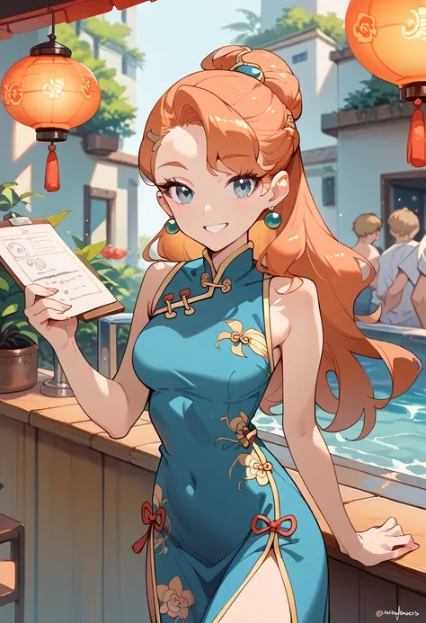 masterpiece, high definition , top quality,8k
(Sonya,orange Hair, blue Eyes )
(cheongsam dress)
smile