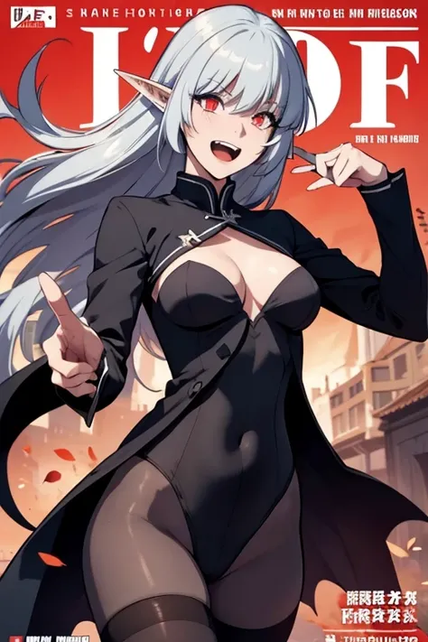 alice,vampire,grey hair, long hair, red eyes, pointy ears, large breasts,1girl, laughing, highlights, magazine cover, fake magazine cover, cover, fake cover, price, cover page, text focus, barcode, content rating, dated, open mouth, splashing, smile, blush...