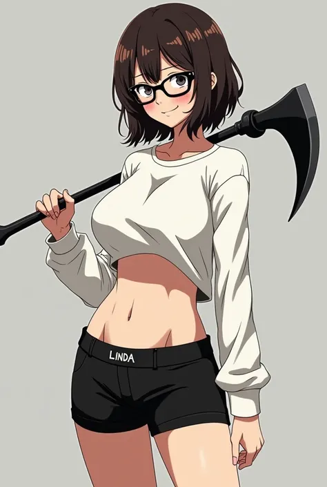  Anime-style animation one piece toei animation,  Attractive girl with a beautiful, mature and older body ,linda , with semi-short hair and dark brown and very beautiful , 29 year old fair skin ,  dressed in short shorts and a lycra under them ,  the top a...