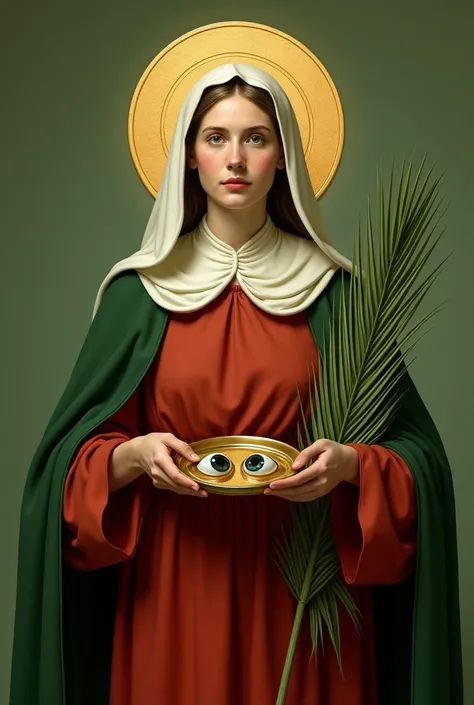 " An artistic representation of Saint Lucy in classic style .  She appears dressed in traditional Catholic saints clothing :  a red robe under a green cloak and a white veil over light brown hair. In your hands,  she holds a plate containing two eyes ,  sy...