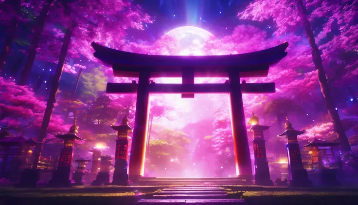 Shrine Torii、in the center，Very bright color, Light Particles, The light shines, Musibu, Wallpaper Art, UHD wallpaper、Background purple、Mysterious、Impersonal、