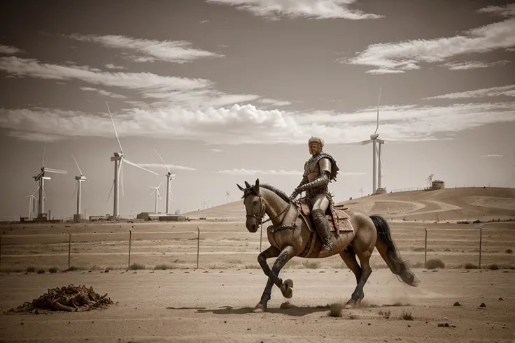  A recreation of the attack of Don Quixote de la Mancha ,  riding his horse Rocinante against modern wind turbines.  Post-apocalyptic cityscape . debris, dirt and grime . retro futuristic.  Inspired by Mad Max .  Professional boudoir photography.  hyper de...