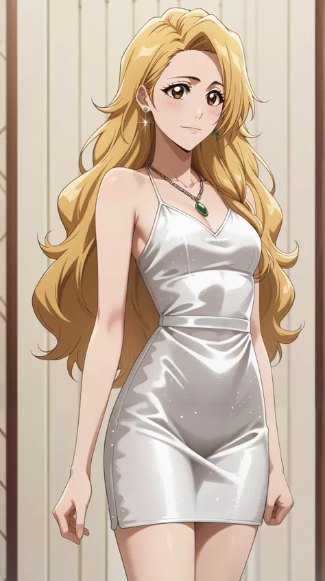 1 girl of fifteen years old , young girl , solo, anime pastor "bleach".
Appearance: brown eye , long straight light yellow hair , ( long hair lies on shoulders , neck ), eyes glow with happiness , blush, sweet happy smile, closed mouth , blond ...