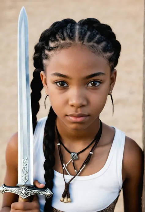 African American teenage girl with swords and white eyes and braids 